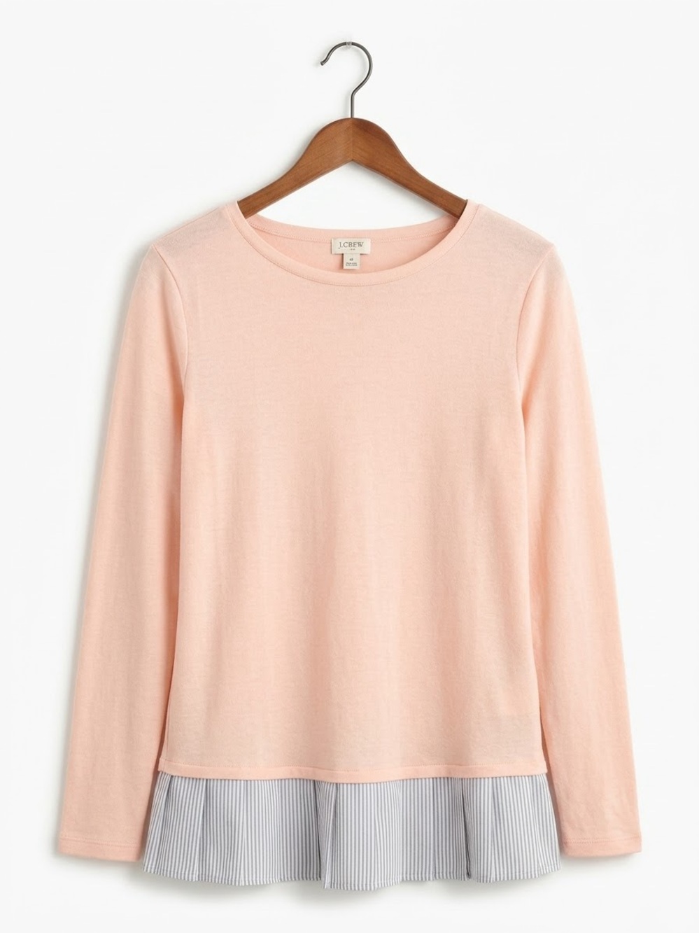 J. Crew Pale Pink Long-Sleeve Top with Striped Ruffle Hem